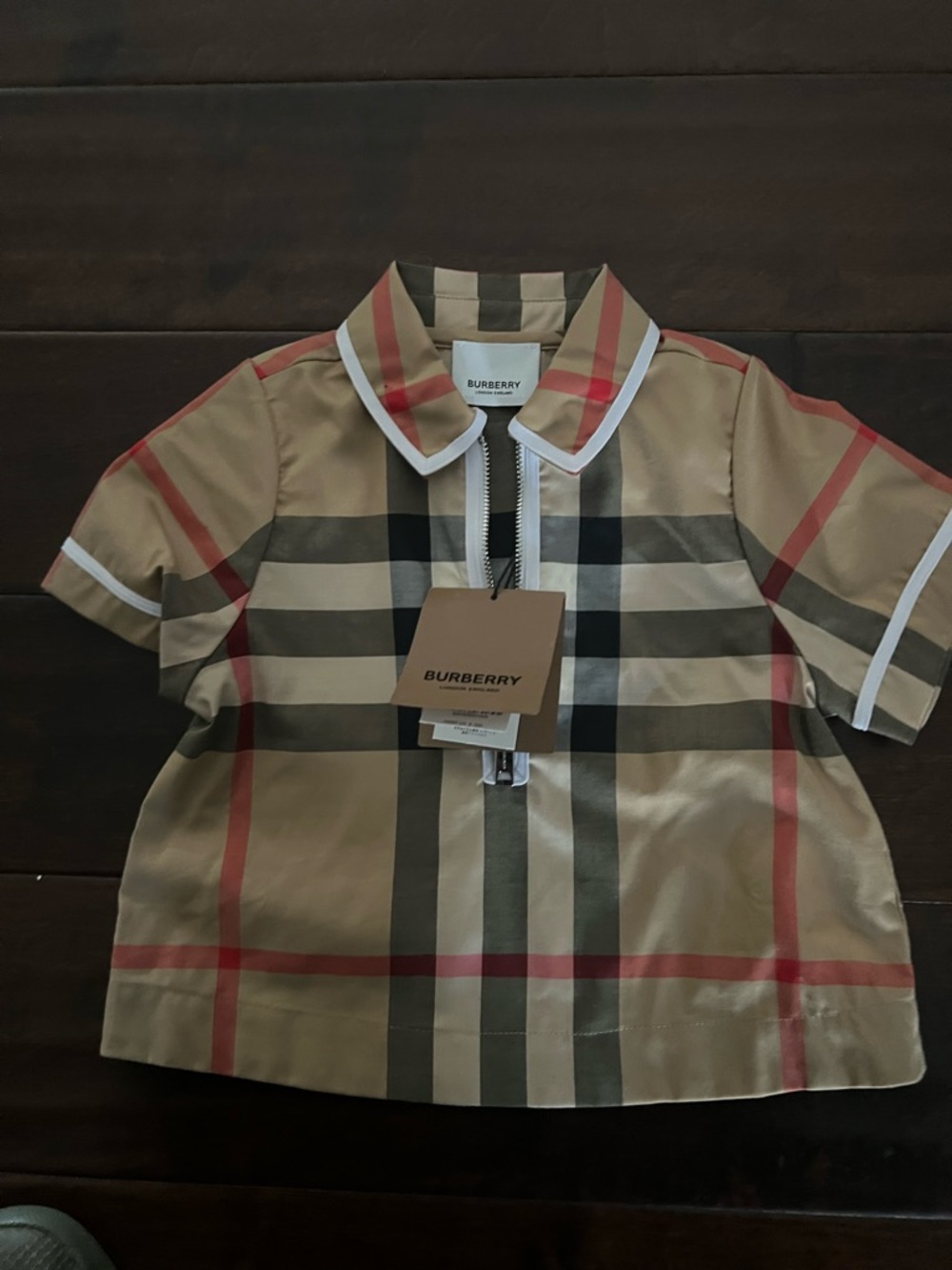 Burberry Beige Check Short Sleeve Polo with Red Accents